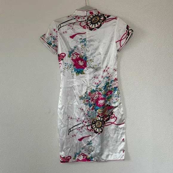 Asian Style TUNIC DRESS 100% Silk Fan Floral Pattern Made In Vietnam XS S M - Picture 4 of 11